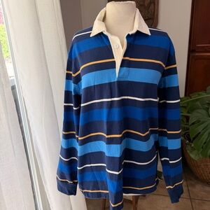 Vintage Lands’ End Rugby Shirt Blue Striped Long Sleeve USA Made Size L